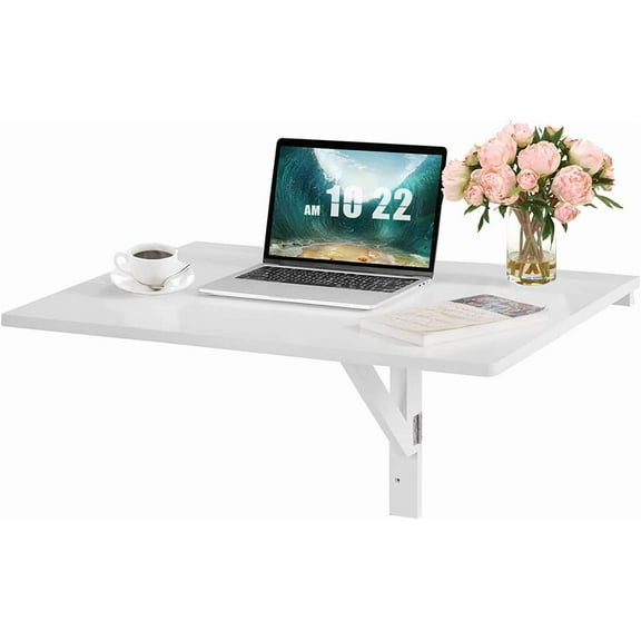 POWERSTONE Wall Mounted Desk, 31.5" x 23.5" Fold Down for Small Spaces Portable Drop Leaf Table, Collapsible Floating Workbench for Home Office, Garage, Bar, Kitchen or Laundry Room, White