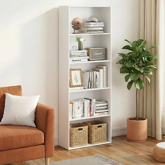 POWERSTONE Wood Bookcase, 67" 5-Shelf Tall Bookshelf Large Open Storage Locker Cabinet for Home Office, Living Room (White)