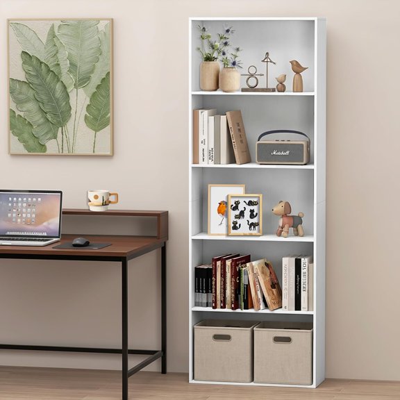POWERSTONE Wood Bookshelf, 67" 5-Shelf Tall Bookcase Large Open Storage Locker Cabinet for Home Office, Living Room (White,225LBS)