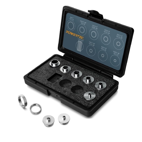 POWERTEC 10-Piece Router Template Bushing Guide Set w/Storage Case. Fits Porter Cable Style Router Sub Base Plate. 5/16" to 1" Bushing for Inlay Template Woodworking (71051)
