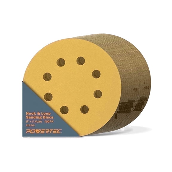 POWERTEC 100PK 5 Inch 8 Hole Hook and Loop Sanding Discs, 220 Grit, Sandpaper for Random Orbital Sanders, Air Sander, Pneumatic Sander, Auto Body Shop, 44022G-50-P2