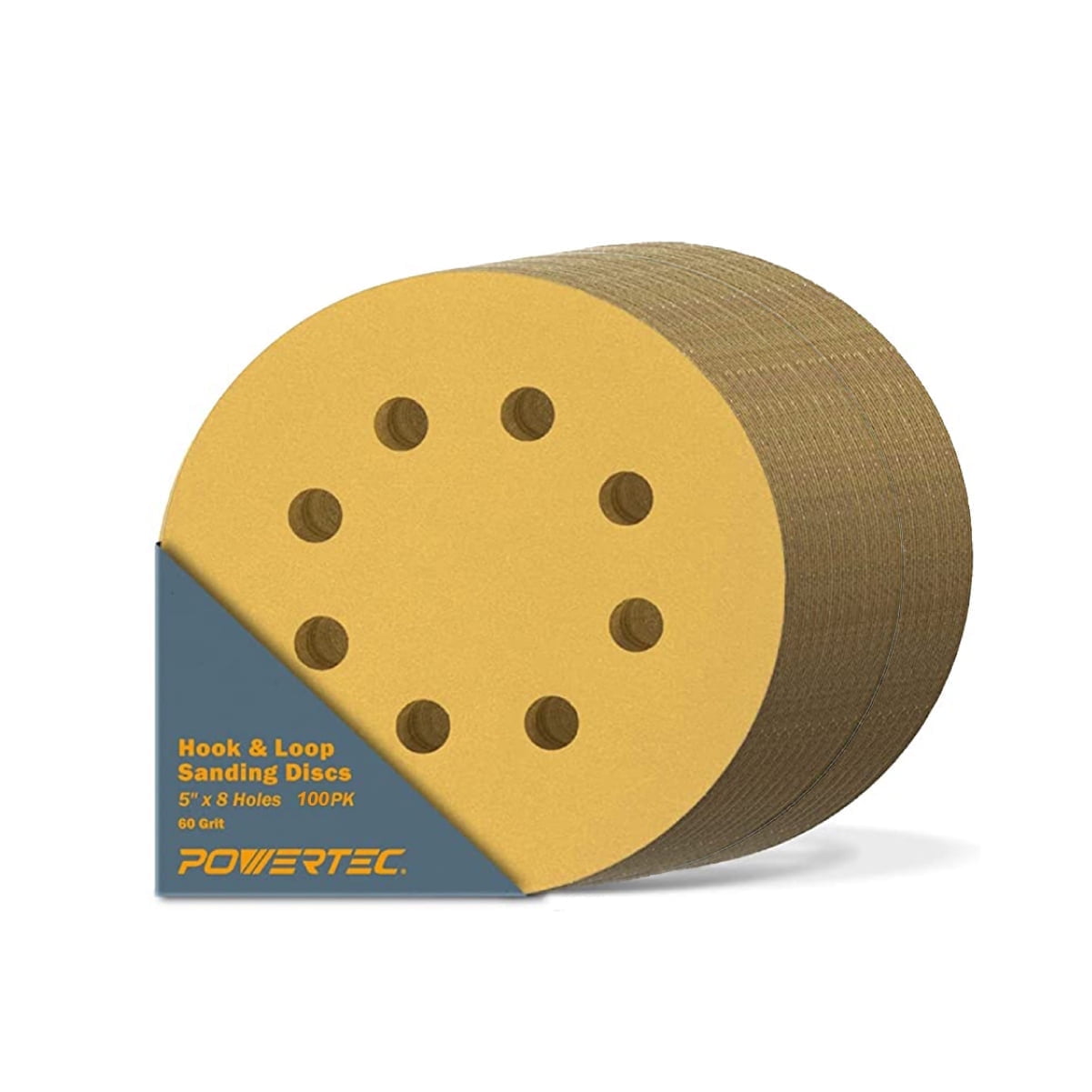 POWERTEC 100 PK 5-Inch 8 Hole Hook and Loop Sanding Discs, 60 Grit, Sandpaper for Random Orbital Sanders, Air Sander, Pneumatic Sander, Auto Body Shop (44006G-50-P2)