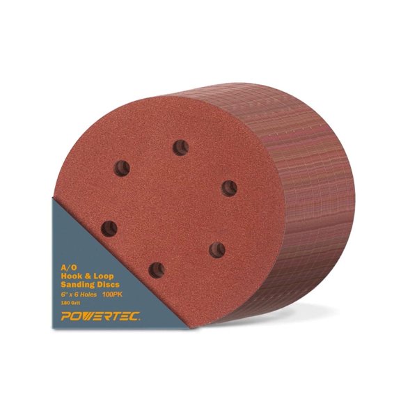 POWERTEC 100 PK 6 Hole Hook and Loop Sanding Disc, 6-Inch, Premium Aluminum Oxide 180 Grit Sandpaper, 45218-P4