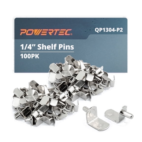 POWERTEC 100PK 1/4-Inch Shelf Pegs, L-Shaped Bracket Shelf Pins Support Pegs for Shelves, Kitchen Cabinet Shelf, Bookshelf, Closet and Furniture, Nickel Plated Shelf Holders Pegs, QP1304-P2