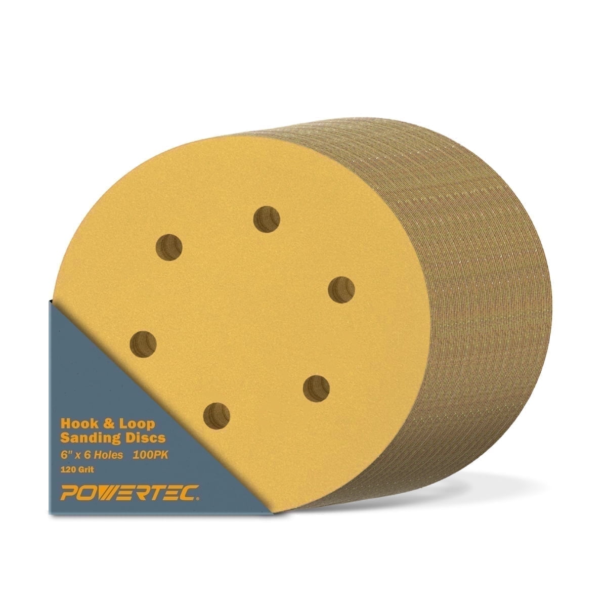 POWERTEC 100PK 120 Grit, 6 Inch 6 Hole Hook and Loop Sanding Discs for Random Orbital Sander (45212G-50-P2)