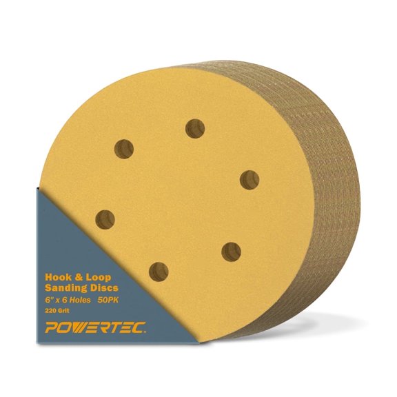 POWERTEC 100PK 220 Grit, 6 Inch 6 Hole Hook and Loop Sanding Discs for Random Orbital Sander, Gold, 45222G-50-P2