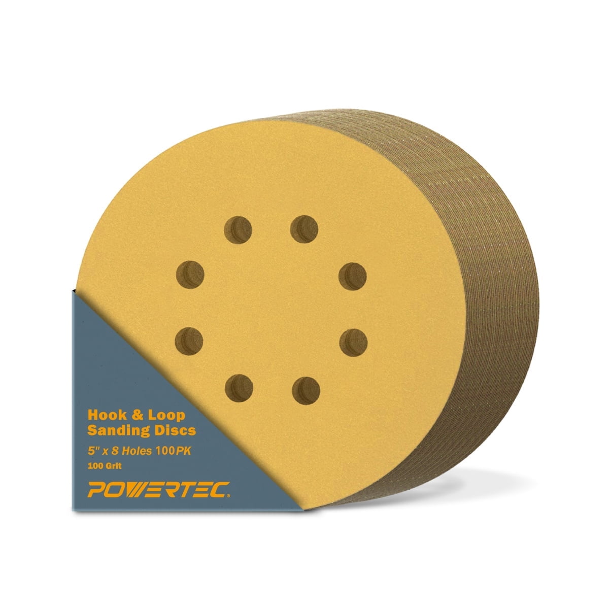 POWERTEC 100PK 5 Inch 8 Hole Hook and Loop Sanding Discs, 100 Grit, Sandpaper for Random Orbital Sanders, Air Sander, Pneumatic Sander, Auto Body Shop, 44010G-50-P2