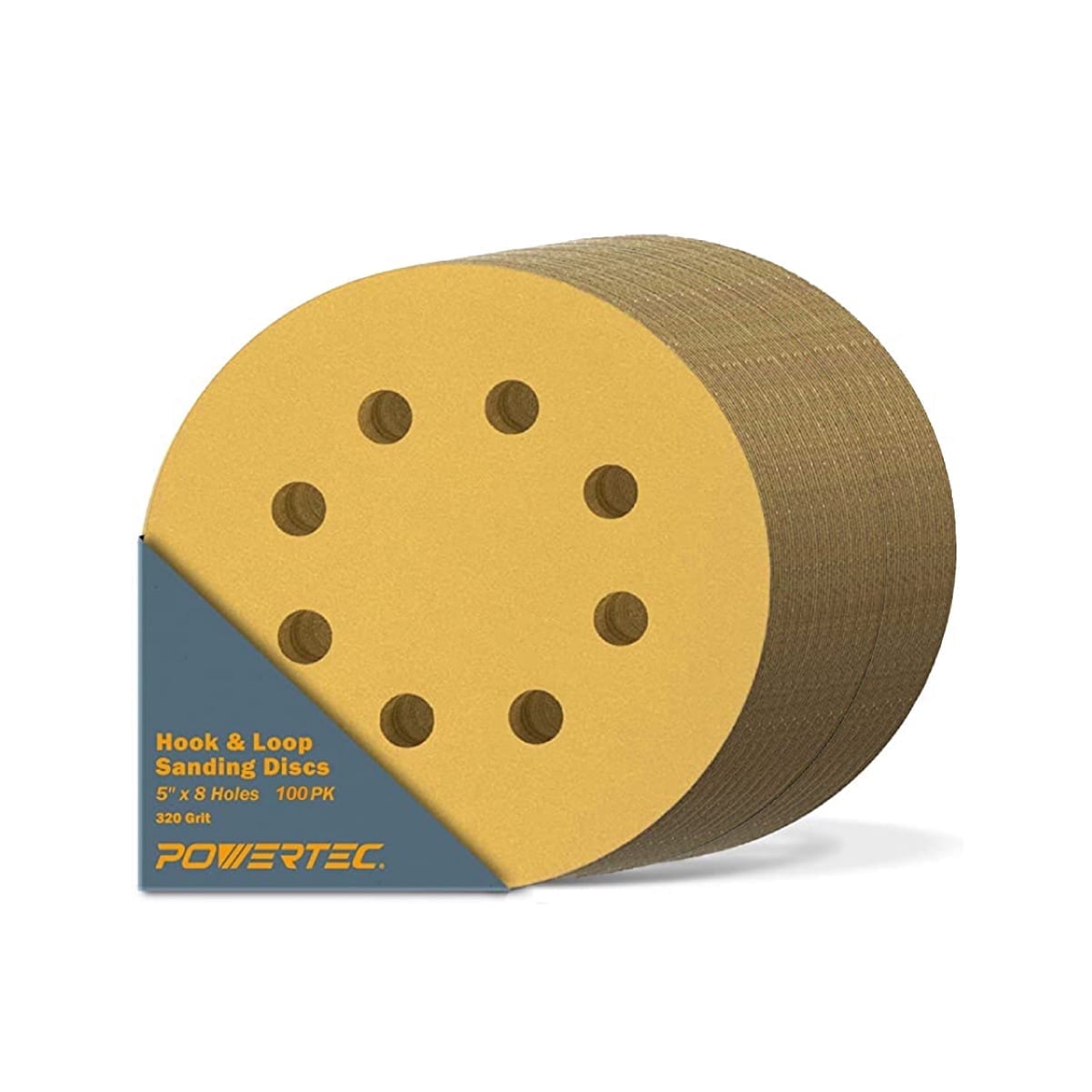 POWERTEC 100PK 5 Inch 8 Hole Hook and Loop Sanding Discs, 320 Grit, Sandpaper for Random Orbital Sanders, Air Sander, Pneumatic Sander, Auto Body Shop, 44032G-50-P2