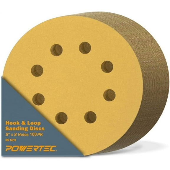 POWERTEC 100PK 5 Inch 8 Hole Hook and Loop Sanding Discs, 80 Grit Sandpaper for Random Orbital Sanders, Air Sander, Pneumatic Sander, Auto Body Shop, 44008G-50-P2