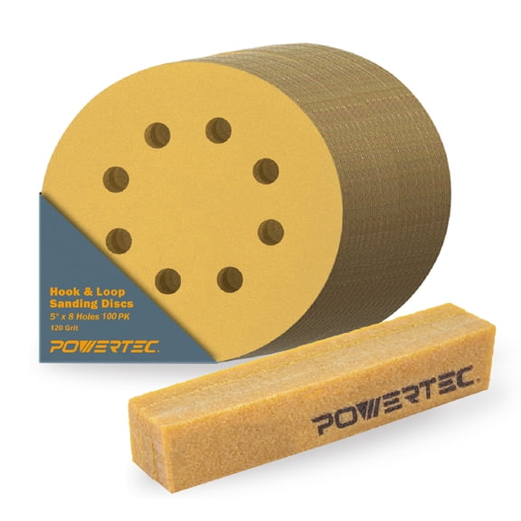 POWERTEC 100PK 5 Inch 8 Hole Hook and Loop Sanding Discs with Abrasive Cleaning Stick, 120 Grit Sandpaper for Random Orbital Sanders, Air Sander, Pneumatic Sander, Auto Body Shop, 44054G