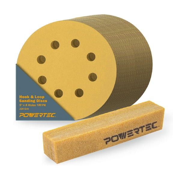 POWERTEC 100PK 5 Inch 8 Hole Hook and Loop Sanding Discs with Abrasive Cleaning Stick, 220 Grit Sandpaper for Random Orbital Sanders, Air Sander, Pneumatic Sander, Auto Body Shop, Pack of 1, 44053G