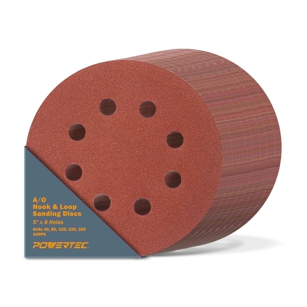 POWERTEC 100PK Assorted 5-Inch 8 Hole Hook and Loop Sanding Discs 40/80/120/220/320 Grits Sandpaper for Random Orbital Sanders (45000)