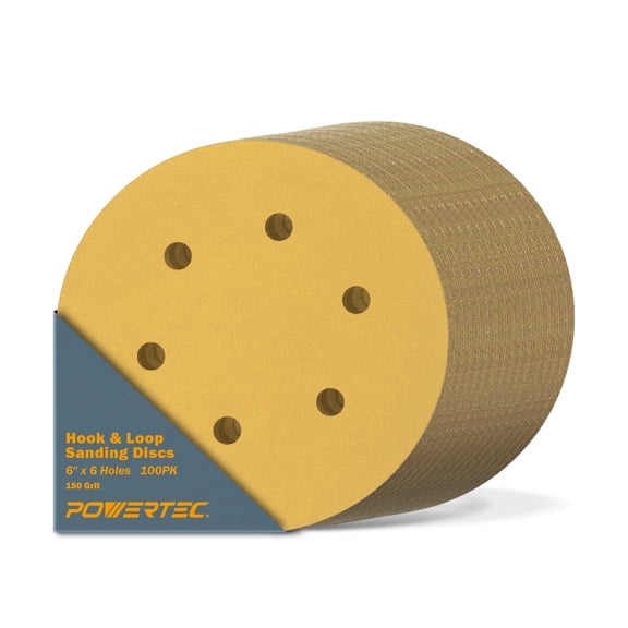 POWERTEC 100PK 6-Inch 6 Hole 150 Grit Hook and Loop Sanding Discs, Gold, 45215G-50-P2