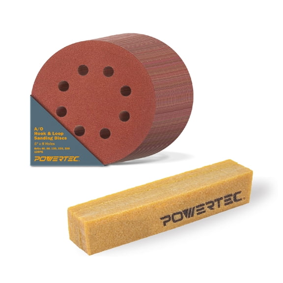 POWERTEC 100PK Assorted 5-Inch 8 Hole Hook and Loop Sanding Discs & Abrasive Cleaning Stick Set, 40/80/120/220/320 Grits Sandpaper for Random Orbital Sanders (45056)