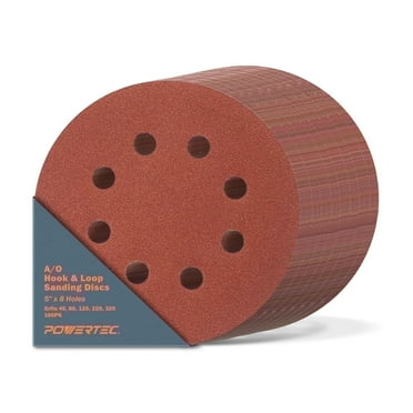 POWERTEC 100PK Assorted 5-Inch 8 Hole Hook and Loop Sanding Discs 40/80/120/220/320 Grits Sandpaper for Random Orbital Sanders  (45000)