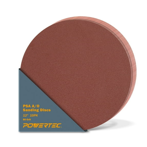 POWERTEC 10PK 12 Inch PSA 80 Grit Aluminum Oxide Adhesive Sanding Disc, 110600