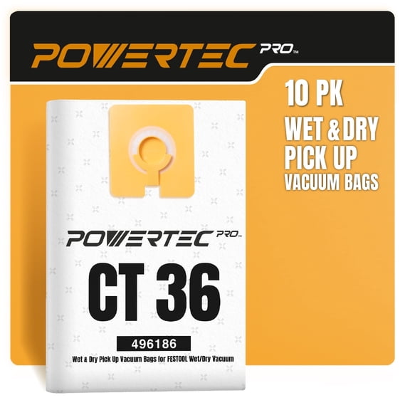 POWERTEC 10PK PRO 496186 Premium Vacuum Bags for Wet Mess & Dry Dust, for Festool CT 36 Extractor, 577084 Selfclean Filter Bags, Replacement Shop Vacuum Bags (75089-P2N)