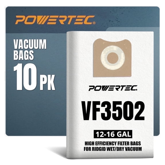 POWERTEC 10PK Ridgid VF3502 Vacuum Bags, Replacement Filter Bags for Ridgid RT1200, 1610RV 12-16 Gallon Wet/Dry Vac Dust Collection Bags (75002-P5)