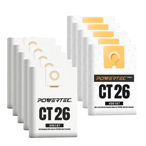 POWERTEC 10PK Selfclean Filter Bags for Wet Mess & Dry Dust Debris, Water Resistant Vacuum Bags for Festool CT 26 496187, for Festool Dust Extractor CT26, CT26E, CTL26, CTM26 (75099N)