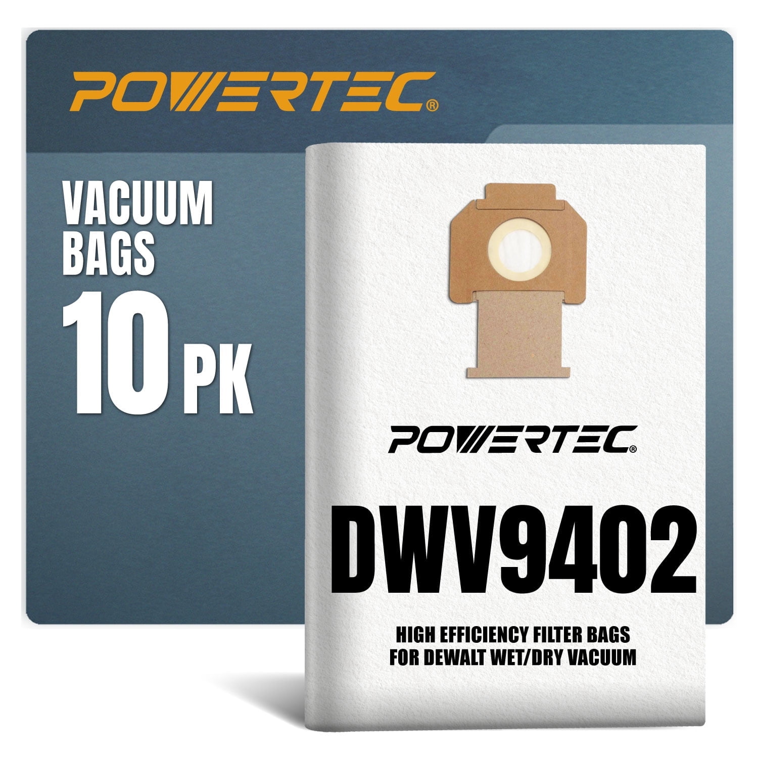 POWERTEC 10PK DWV9402 Fleece Bags for Dewalt for Dewalt DWV010, DWV012, DWV015 8 & 10 Gallon Dust Extractor, Replacement Shop Vacuum Bags, 75029-P2