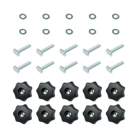 POWERTEC 10PK T Track Knob Kit w/ 7 Star Knob, 1/4-20 Threaded Bolts and Washers, T Track Bolts, T Track Accessories for Woodworking Jigs and Fixtures, 71481