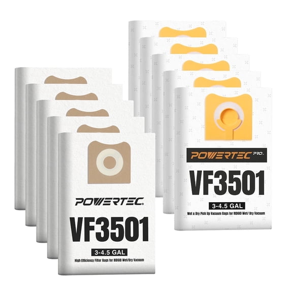 POWERTEC 10PK VF3501 Size C Shop Vac Bags Set for Ridgid for Wet + Dry Pickup, 3-4.5 Gal. Water Resistant & 23738 Dry Debris Dust Bags Set for Ridgid 4000RV WD40700 Wet Dry Vac (75098N)