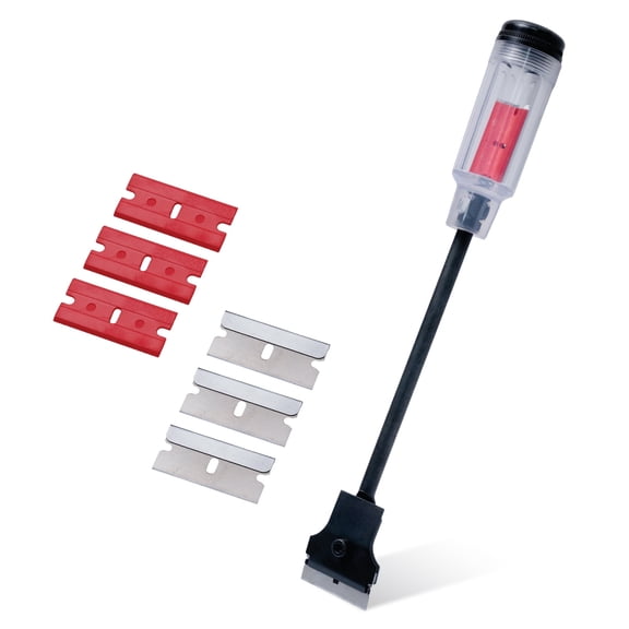 POWERTEC 11 inch Long Handle Razor Blade Scraper, Extension Scraper with Built-In Blade Storage, Includes 3 Dual-Edged Plastic Blades & 3 Metal Blades for Stickers, Paint Removal (72301N)