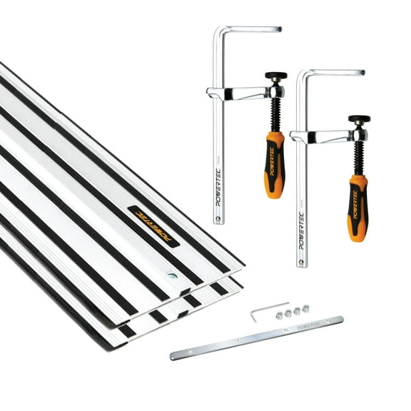 POWERTEC 110" Track Saw Guide Kit for DeWalt, Includes 2PK 55" Guide Rails, 1PK Guide Rail Connector, and 2PK 7" Track Saw Clamps, 72059