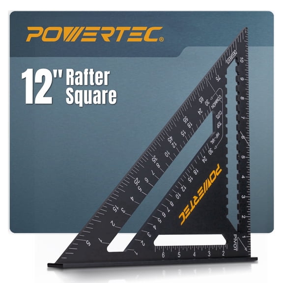 POWERTEC 12" Aluminum Rafter Square, Speed Framing Square, CNC-machined Aluminum with Laser-etched Markings for Framing, Roofing, Stair Layout, Angle Measurement, and Saw Guide Cuts (72323N)