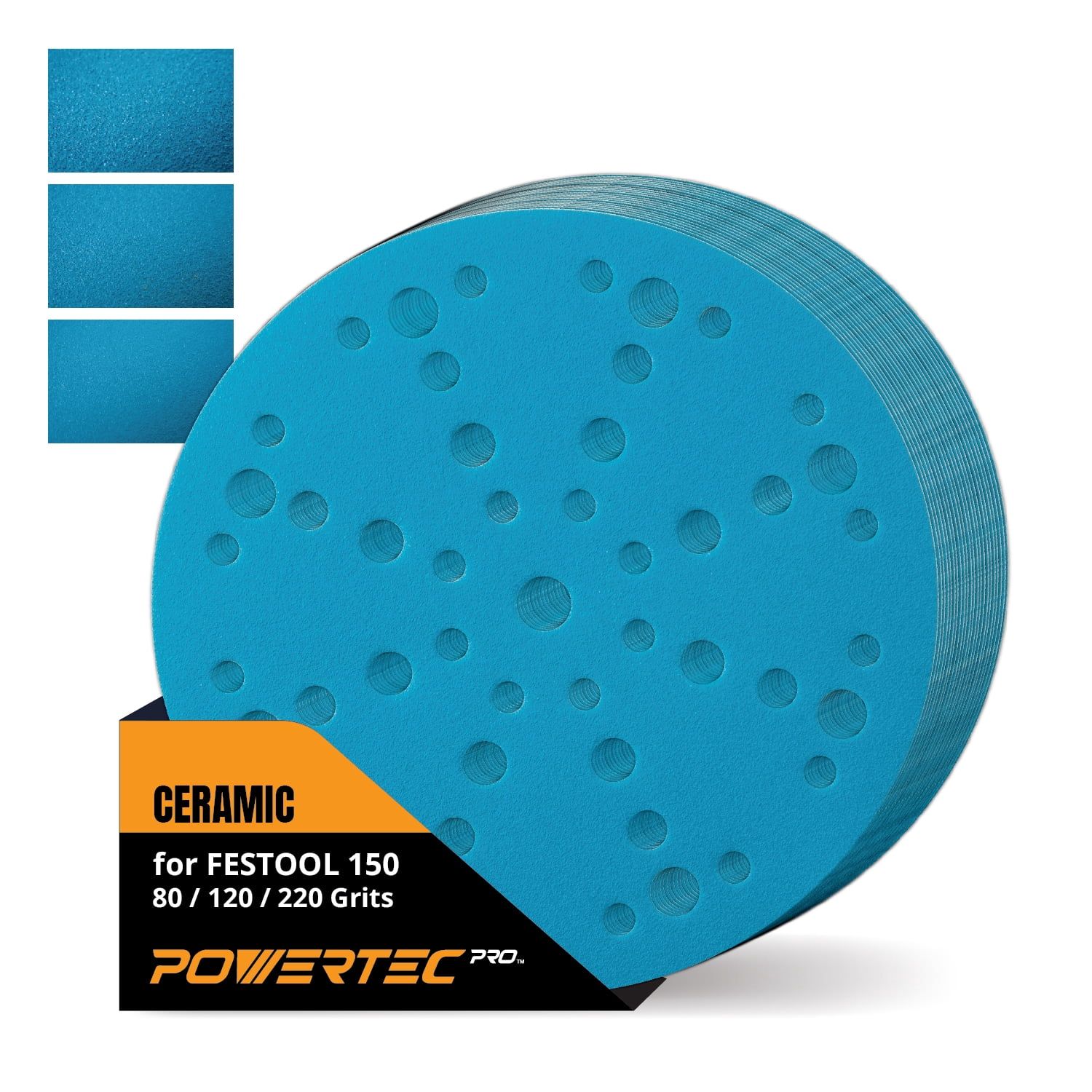 POWERTEC 150PK PRO 6 Inch 49 Holes Sanding Disc, 50 Each of 80/120/220 Grit, Ceramic Hook and Loop Backing Discs for Festool Random Orbital Sanders - Automotive, Paint, Metal, Woodworking, 46100C-150