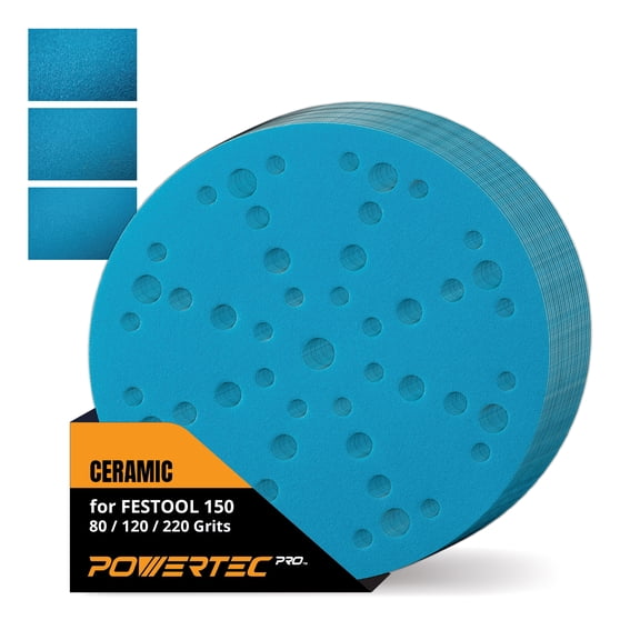 POWERTEC 150PK PRO 6 Inch 49 Holes Sanding Disc, 50 Each of 80/120/220 Grit, Ceramic Hook and Loop Backing Discs for Festool Random Orbital Sanders - Automotive, Paint, Metal, Woodworking, 46100C-150