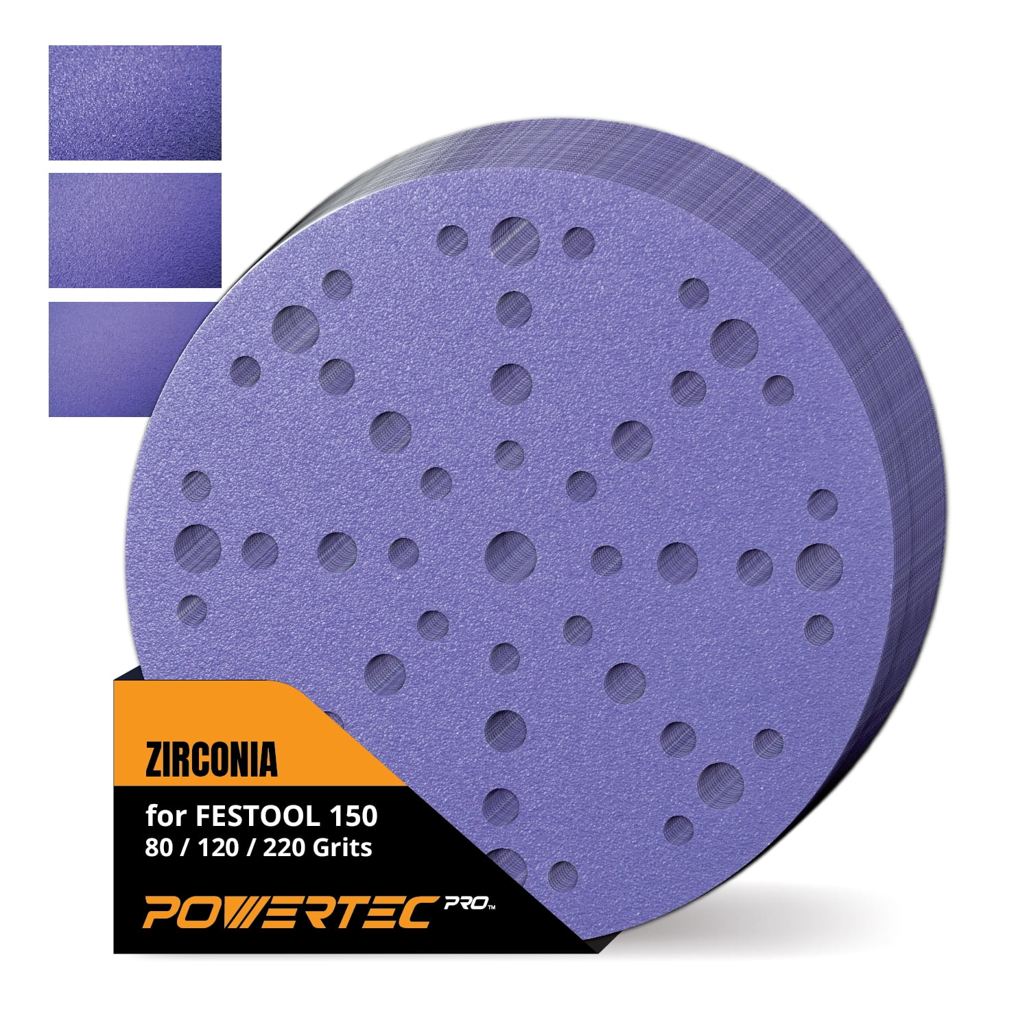POWERTEC 150PK PRO 6 Inch 49 Holes Sanding Disc, 50 Each of 80/120/220 Grit, Zirconia Hook and Loop Sandpaper for Festool Random Orbital Sanders - Automotive, Paint, Metal, Woodworking, 46100Z-150