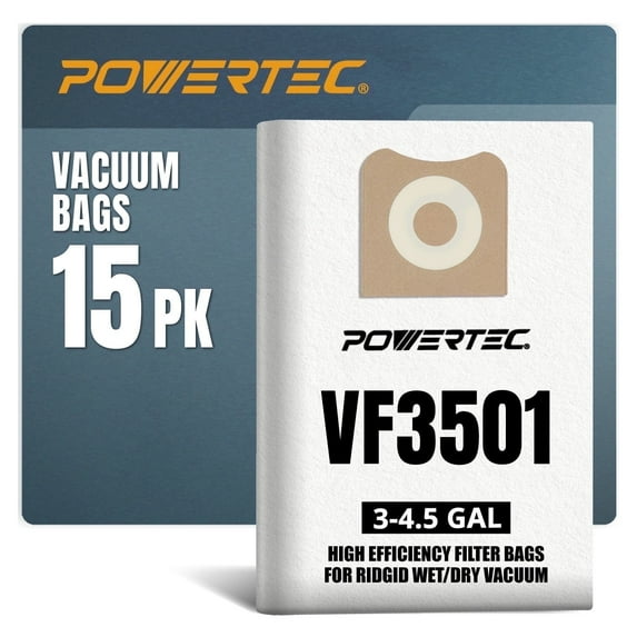 POWERTEC 15PK VF3501 Size C Shop Vac Bags for Ridgid, 3-4.5 Gal. 23738 Vacuum Bags for Ridgid 4000RV, WD40700 Wet Dry Vac (75017-P3)