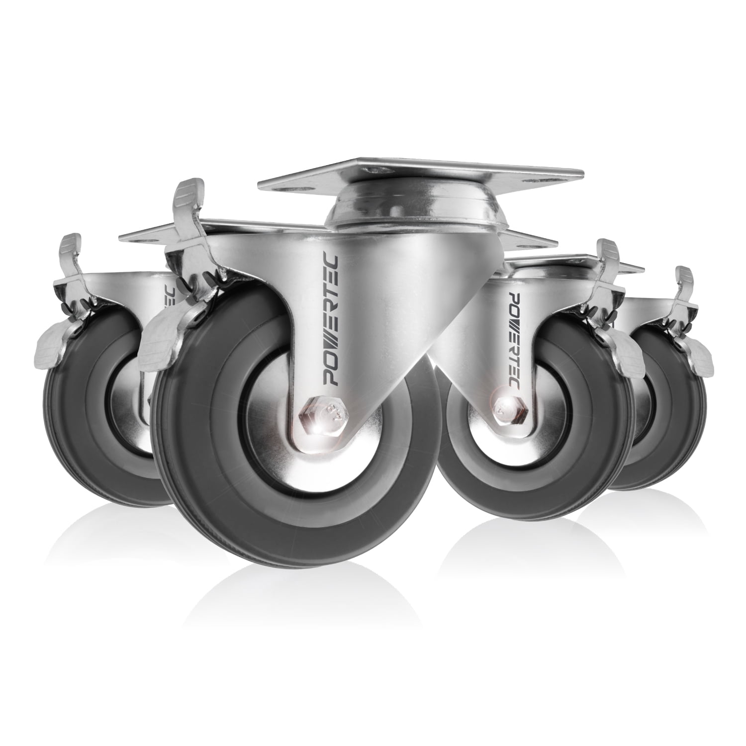 POWERTEC 3-Inch Gray Rubber Swivel Plate Caster Wheels Set of 4
