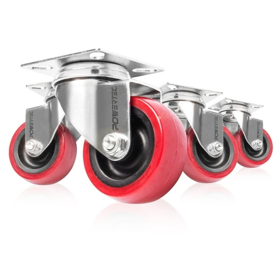 POWERTEC 2-inch Swivel PU Plate Casters, Red, 4PK, 17212