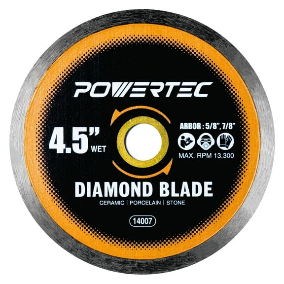 POWERTEC 1PK 4-1/2" Continuous Rim Diamond Saw Blade for Angle Grinder, Diamond Blade for Cutting Ceramic, Porcelain, Natural Stone Tile, Wet Cutting Only 4.5 inch Diamond Blades (14007N)