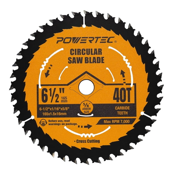 POWERTEC 1PK 6-1/2" Circular Saw Blade, 5/8" Arbor, 1/16" Kerf, 40-Tooth Carbide-Tipped Blade for Wood Cutting, Fine Crosscutting (14023N)