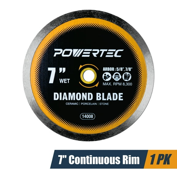 POWERTEC 1PK 7" Continuous Rim Diamond Saw Blade for Wet Tile Saw, Diamond Blade for Cutting Ceramic, Porcelain, Natural Stone Tile, Wet Cutting Only 7 inch Diamond Blades (14008N)