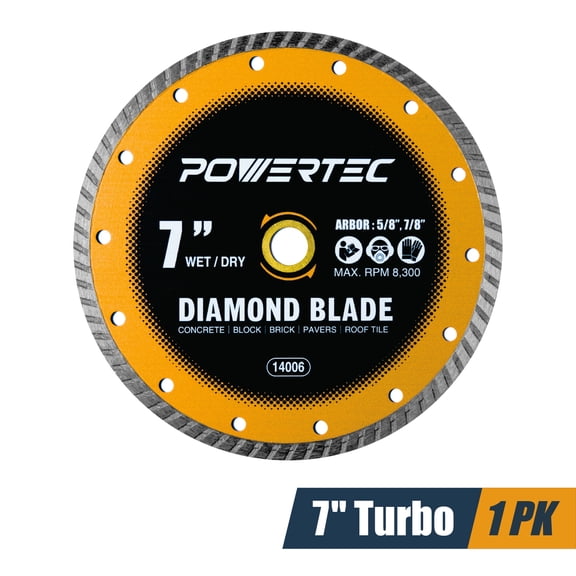 POWERTEC 1PK 7" Turbo Diamond Saw Blade for Wet Tile Saw, Diamond Blade for Cutting Concrete, Granite, Brick, Paver, Roofing Tile, 7 inch Diamond Blades for Wet/Dry Cutting (14006N)