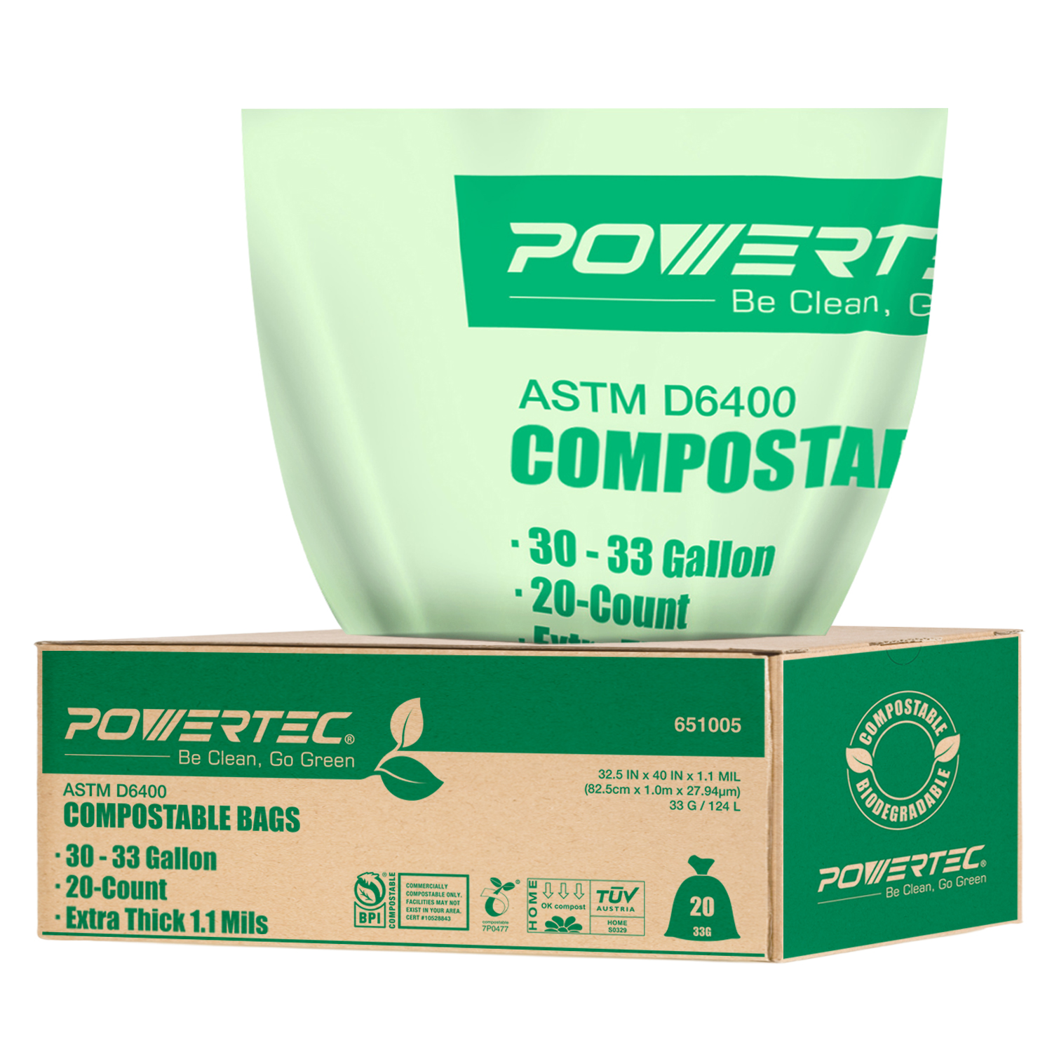 POWERTEC 20 Count 33 Gallon Extra Large Unscented Compostable Trash