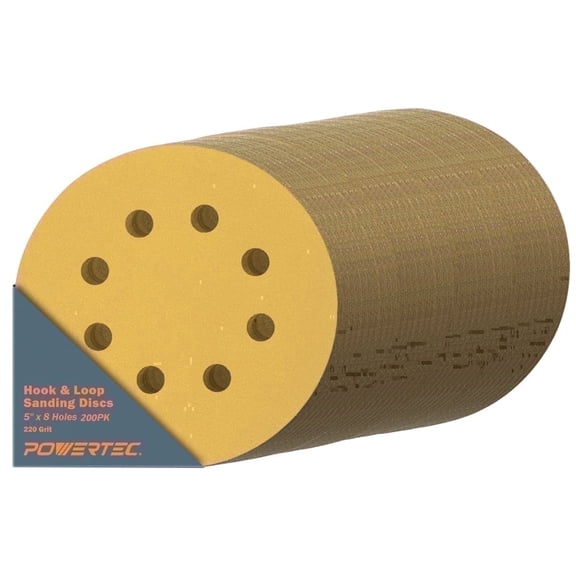 POWERTEC 200PK 5 Inch 8 Hole Hook and Loop Sanding Discs, 220 Grit, Sandpaper for Random Orbital Sanders, Air Sander, Pneumatic Sander, Auto Body Shop (44022G-50-P4)