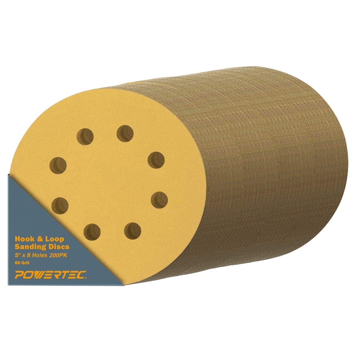 POWERTEC 200PK 5 Inch 8 Hole Hook and Loop Sanding Discs, 60 Grit, Sandpaper for Random Orbital Sanders, Air Sander, Pneumatic Sander, Auto Body Shop (44006G-50-P4)