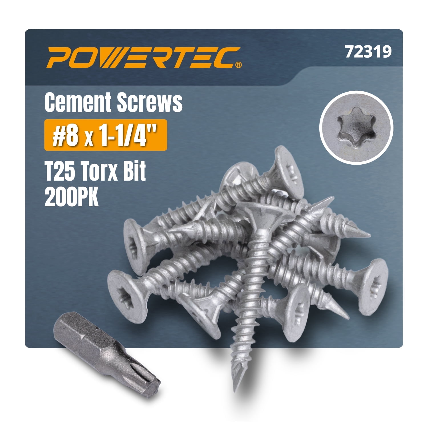 POWERTEC 200PK Cement Screws #8 x 1-1/4″, Ruspert Coated Concrete Screws with T25 Torx Star Drive Bit – High-Low Thread Masonry Screws for Cement Board, Concrete & Brick (72319)