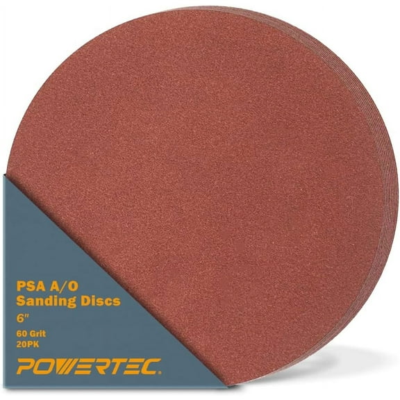 POWERTEC 20PK 60 Grit 6 Inch PSA Sanding Discs, Self Stick Adhesive Sandpaper, 6" for Drywall, Woodworking, Paint, Epoxy with Random Orbital Sanders, DA Sanders, 4x36 Belt Disc Sander (110250-P2)