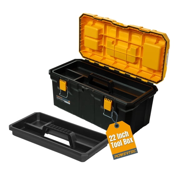 POWERTEC 22 inch Tool Box with Trays - Lockable, Metal Latch, Organizer, Portable Storage for Tools, Small or Mid-Sized Parts (72363)