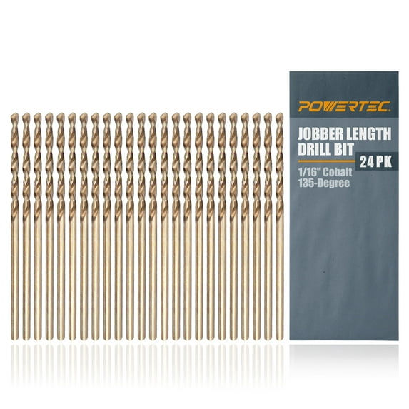 POWERTEC 24PK, 1/16 inch Cobalt Drill Bits, M35 HSS Cobalt Jobber Length Twist Drill Bits w/ 135° Tip, Drill Bits for Drilling Wood, Metal, Stainless Steel, Nickel Alloy,Cast Iron&Plastic(QDB2013-P2)