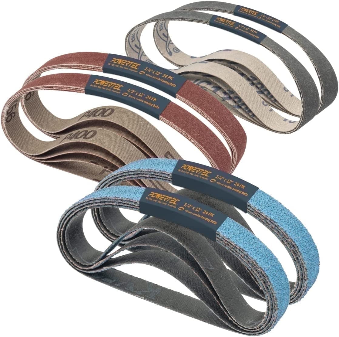 POWERTEC 24PK 1/2 x 12 Inch Sanding Belts,4 Each of 80/120/240/400/1000/1200 Grits, Replacement Knife Sharpener Sanding Belts for Work Sharp Knife & Tool Sharpener (WSKTS&WSKTS-KT/MK.1&MK.2),  46002