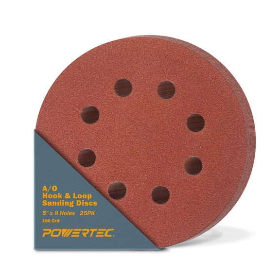 POWERTEC 25PK 5-Inch 8 Hole Hook and Loop Sanding Discs, 180 Grit, Sandpaper for Random Orbital Sanders (45018)