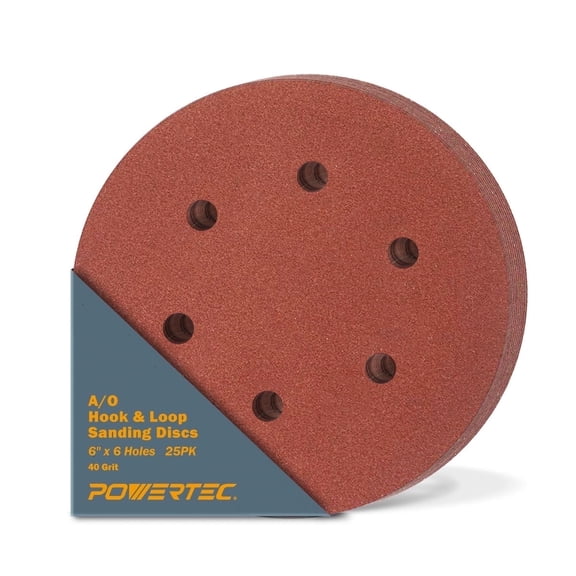 POWERTEC 25PK 6 Inch 6 Hole, 40 Grit, Hook and Loop Sanding Discs, Sandpaper for Random Orbital Sander, Air Sander, Pneumatic Sander, Dual Action Sander (45204)