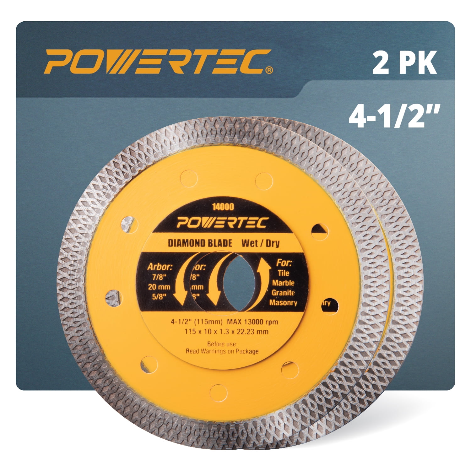 POWERTEC 2PK 41/2 Inch Turbo Mesh Rim Diamond Saw Blade for Angle